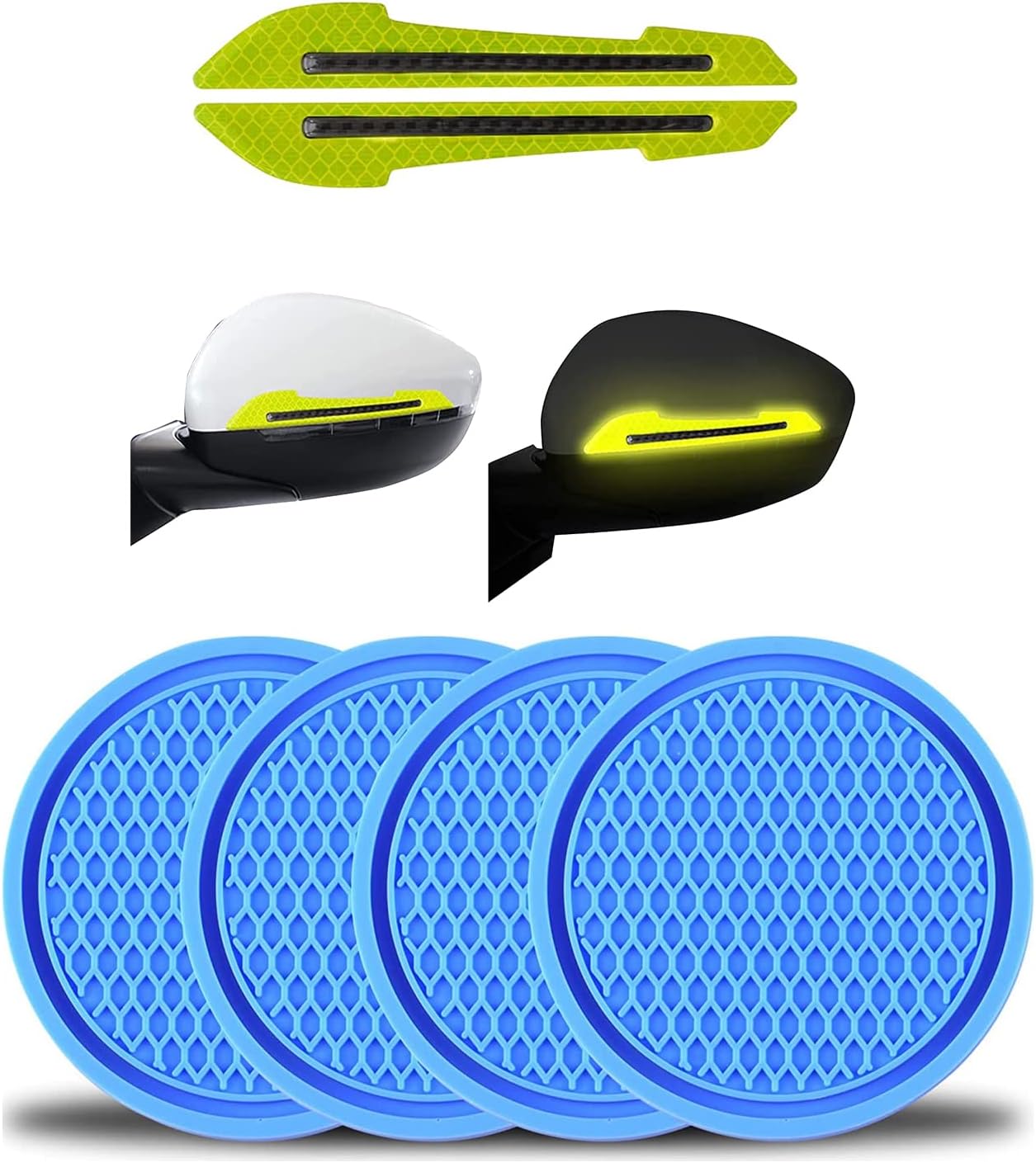 Allure Auto® (Blue) 4PCS Universal Non-Slip Cup Holders Embedded Coaster and (Green) 2 Pieces Car Stickers Set Rearview Mirror Reflective Warning Stickers Compatible with B-olero Power Plus