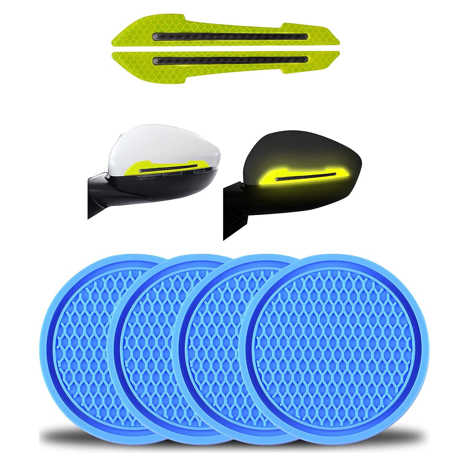 Allure Auto® (Blue) 4PCS Universal Non-Slip Cup Holders Embedded Coaster and (Green) 2 Pieces Car Stickers Set Rearview Mirror Reflective Warning Stickers Compatible with B-olero Power Plus