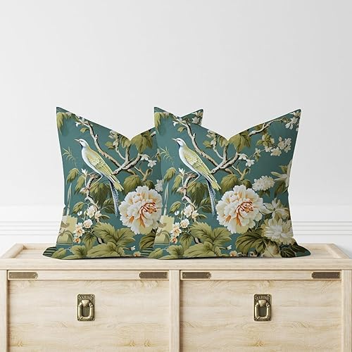 Miniatura 2 de Pagoda Garden Imperial Green Throw Pillow Case Set of 2 Asian Chinoiserie Pillow Case 24x24in Decorative Pillow Home Cotton Linen Elegant Throw