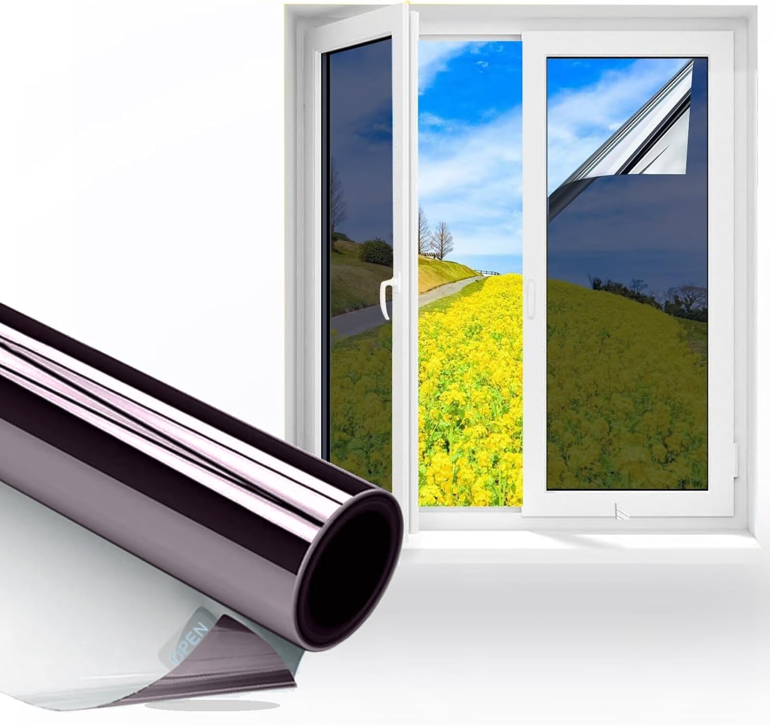 AMIGO Spiegelfolie Fenster Sichtschutz 44x300cm Sonnenschutzfolie Fenster Innen & Außen Fensterfolie Sonnenschutz Einseitige UV Folie Fenster Hitzeschutz ideal für Wohnzimmer und Büro,Schwarz