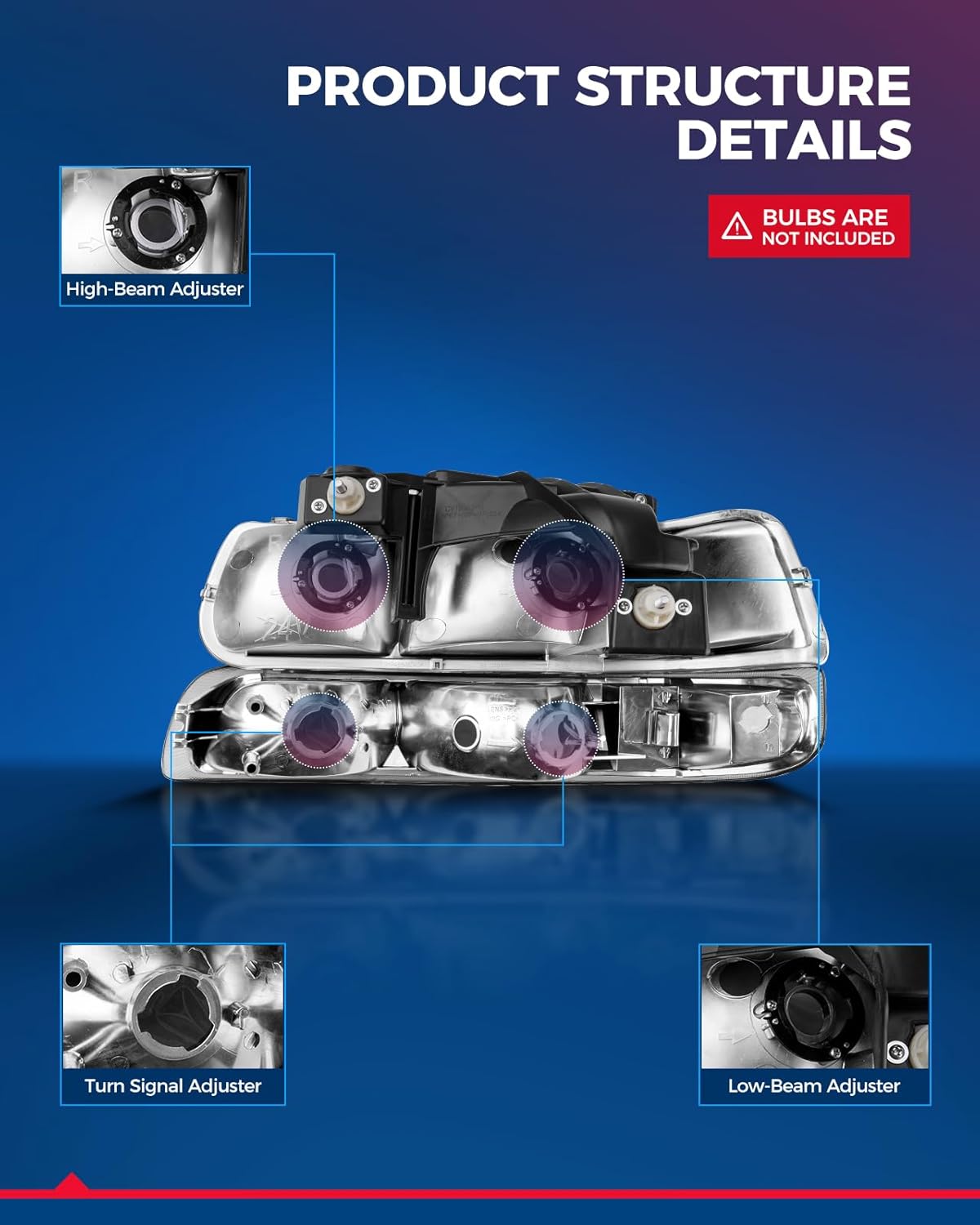 KAX Headlight Assembly for Silverado 1500/2500/3500/1500 HD/2500 HD Driver and Passenger Side Chrome Housing Smoke Lens Clear Reflctor Replacement Halogen Headlamp