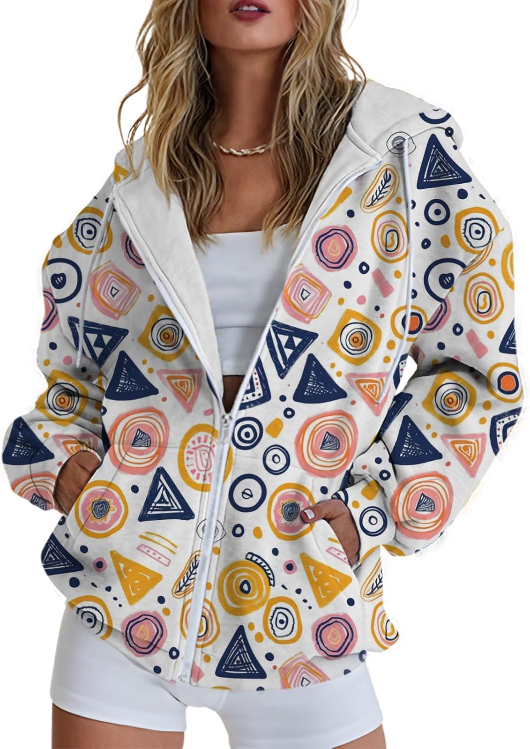 Hoodies for Women Print Oversized Full Zip Hoodie with Pockets Retro Graphic Women's Sweatshirt Long Sleeve Trendy