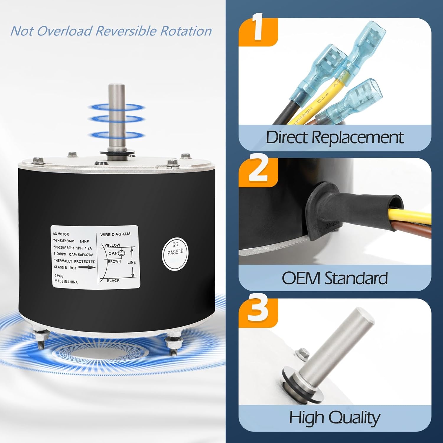 Condenser Fan Motor 5KCP39EGS070S, 1/4 HP 208/230V 1100RPM, Fit for Ac GE Genteq Carrier Bryant Payne Dayton, Replacement OEM Standard Condenser Fan Motor, 3905, HC39GE237, 6DLL0