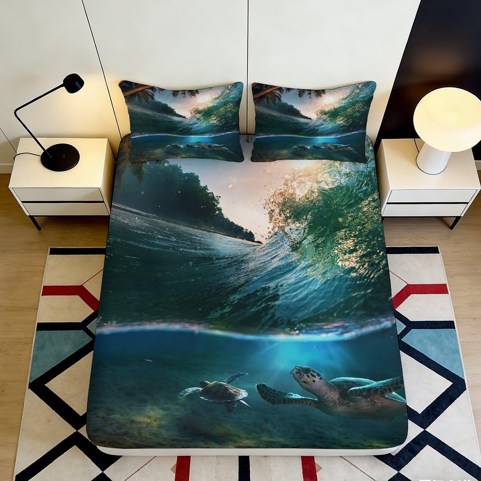 3D Printed Ocean Scenery Fitted Sheet Microfiber Deep Pocket Bedroom Bedding Ocean Theme Mattress Fitted Cover Non-Slip Elastic Hem for Adults Teens 200x200x25cm