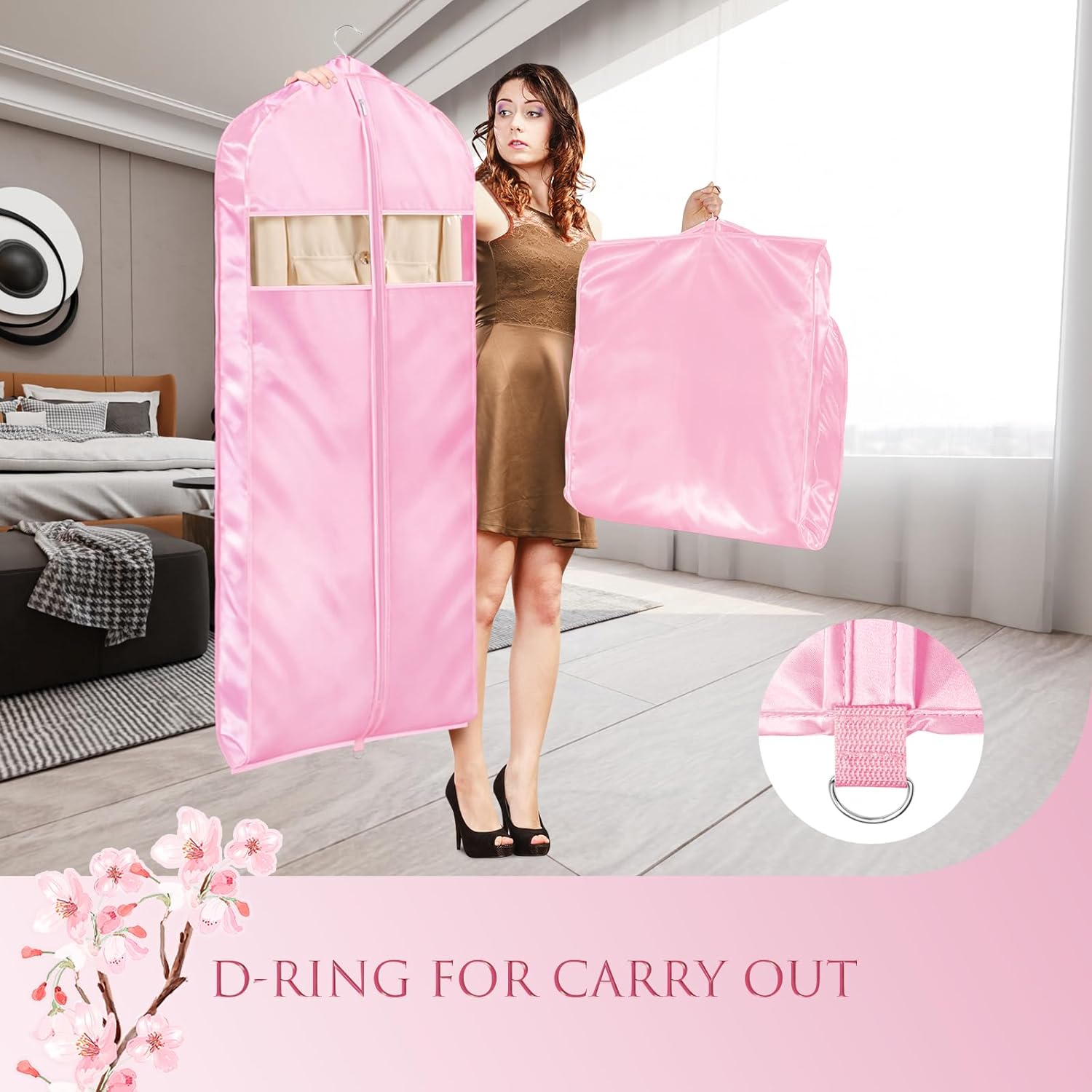 Univivi Super Soft Satin Garment Bags for Hanging Clothes, 60 Inch Zippered Dress Cover with Gussets, Breathable & Non-smell for Dresses, Coats, Jackets, Shirts, 2 Pack - Pink