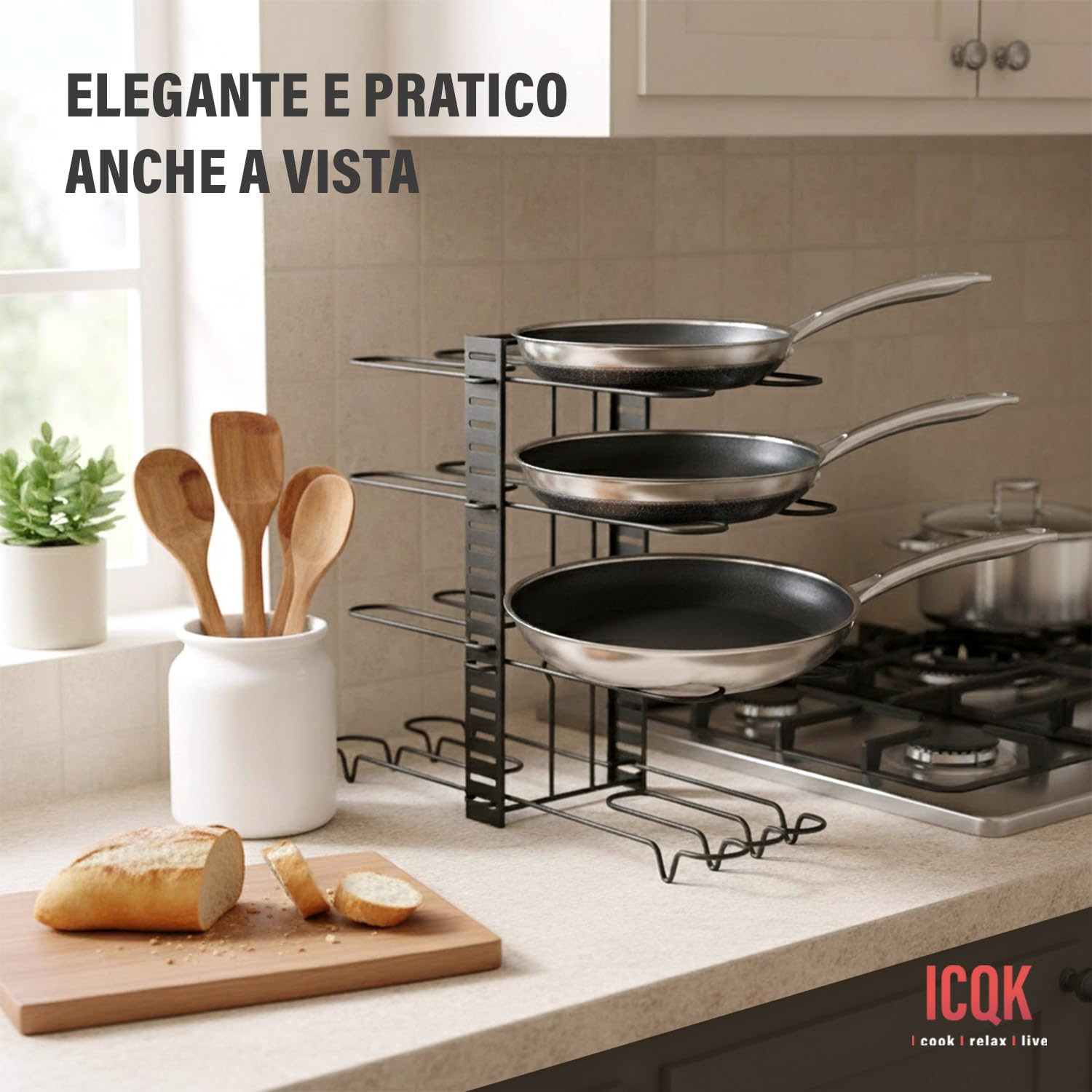 Organizador para tapas de ollas ajustable, 8 compartimentos, 3 configuraciones posibles, cajones, armario, divisores ajustables, antideslizante, vertical u horizontal, organizador de sartenes