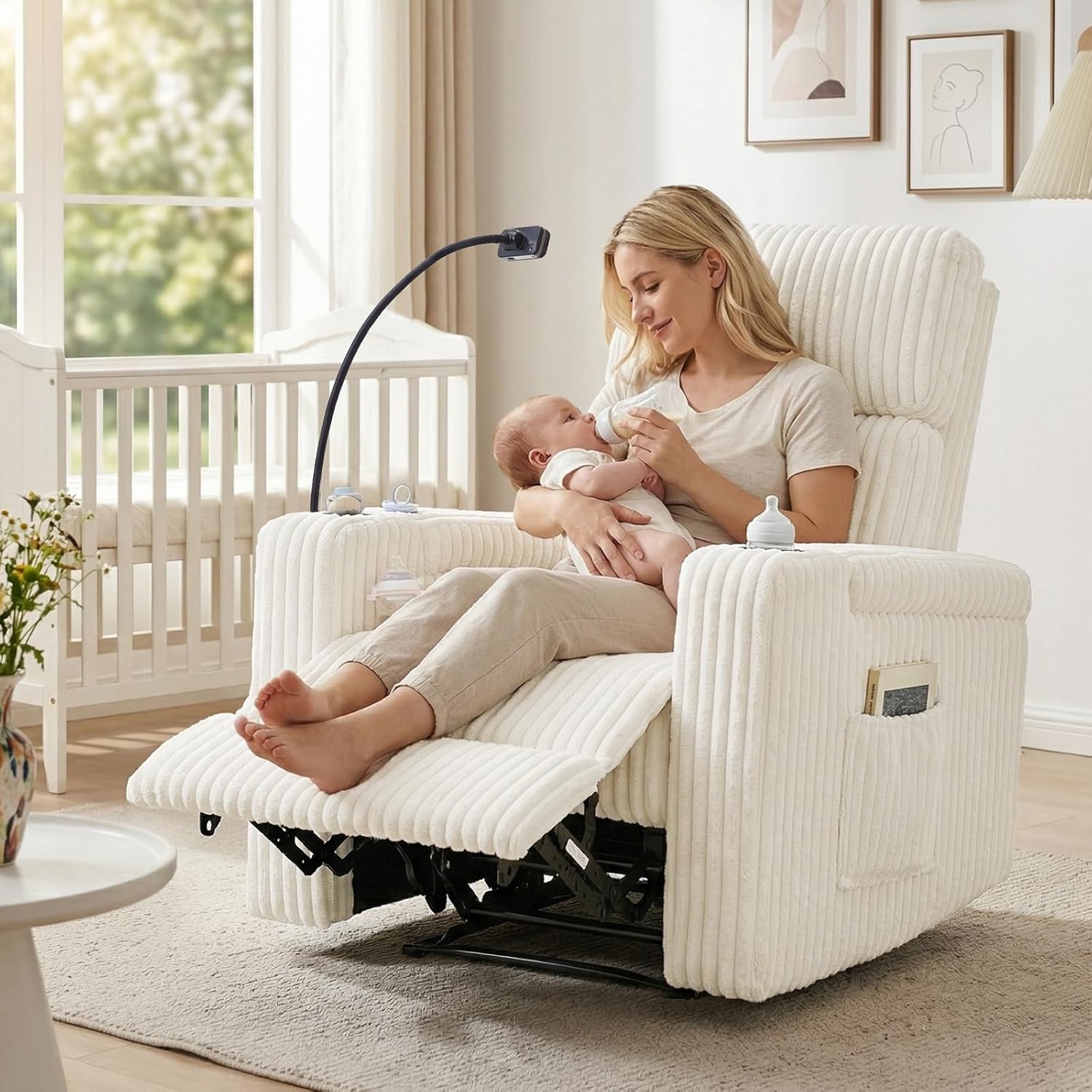 Power Recliner Chair, Swivel Rocker Recliner with Removable Mobile Holders, Corduroy Nursery Glider Chair with Hidden USB & Type-C for Nursery, Living Room, Bedroom, Beige