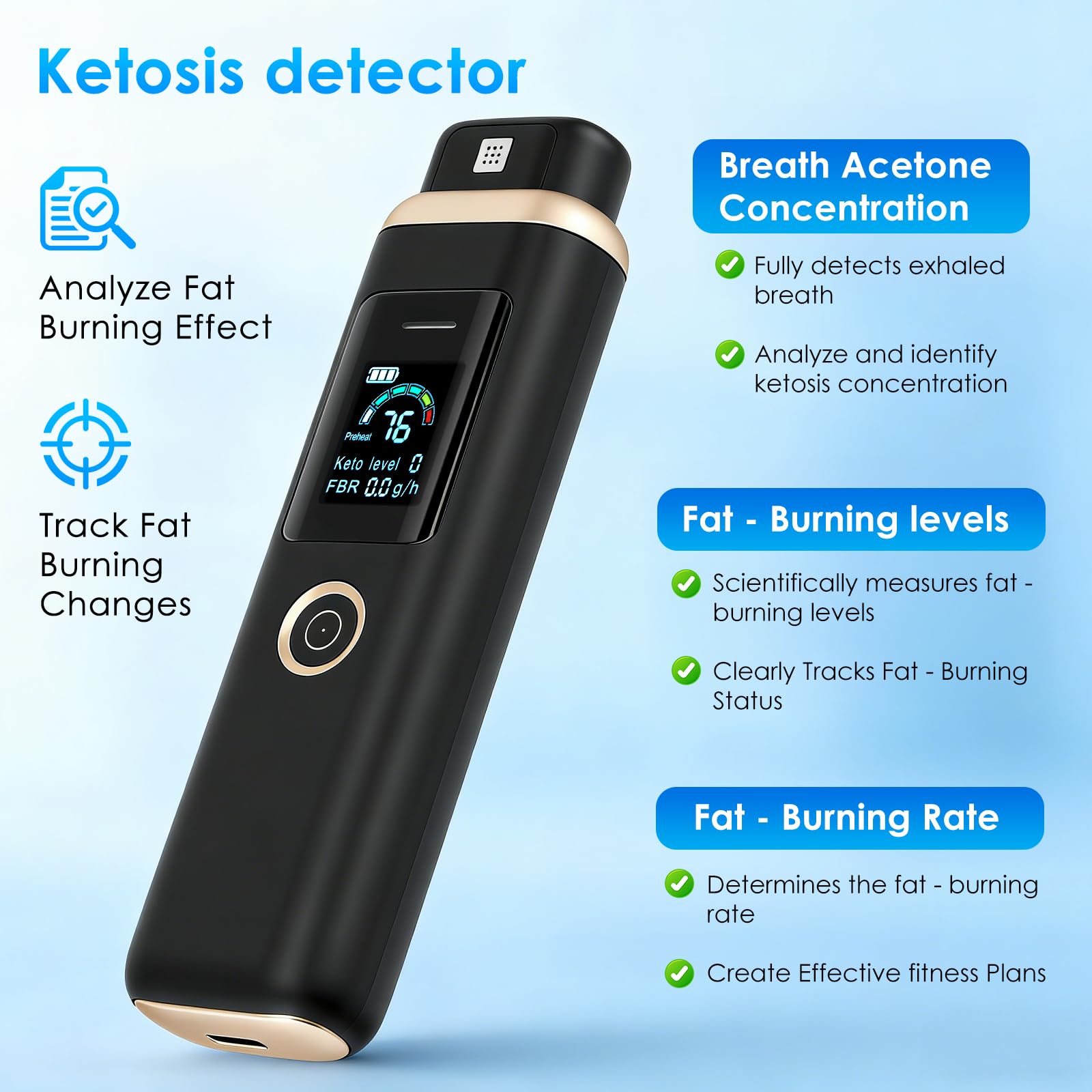 Ketone-Atemmessgerät – Hochpräziser Keton-Atemanalysator zur Ketose-Messung | Ketontester für Ketogene Ernährung, Low-Carb & Fitness | Digitale Ketose-Überwachung ohne Teststreifen