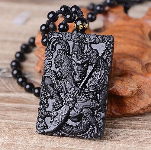Miniatura 3 de Collar de obsidiana negra natural Dragon Guan Gong guan yu Collar Hold espada ancha Colgante con cadena ajustable, Gema, Obsidiana