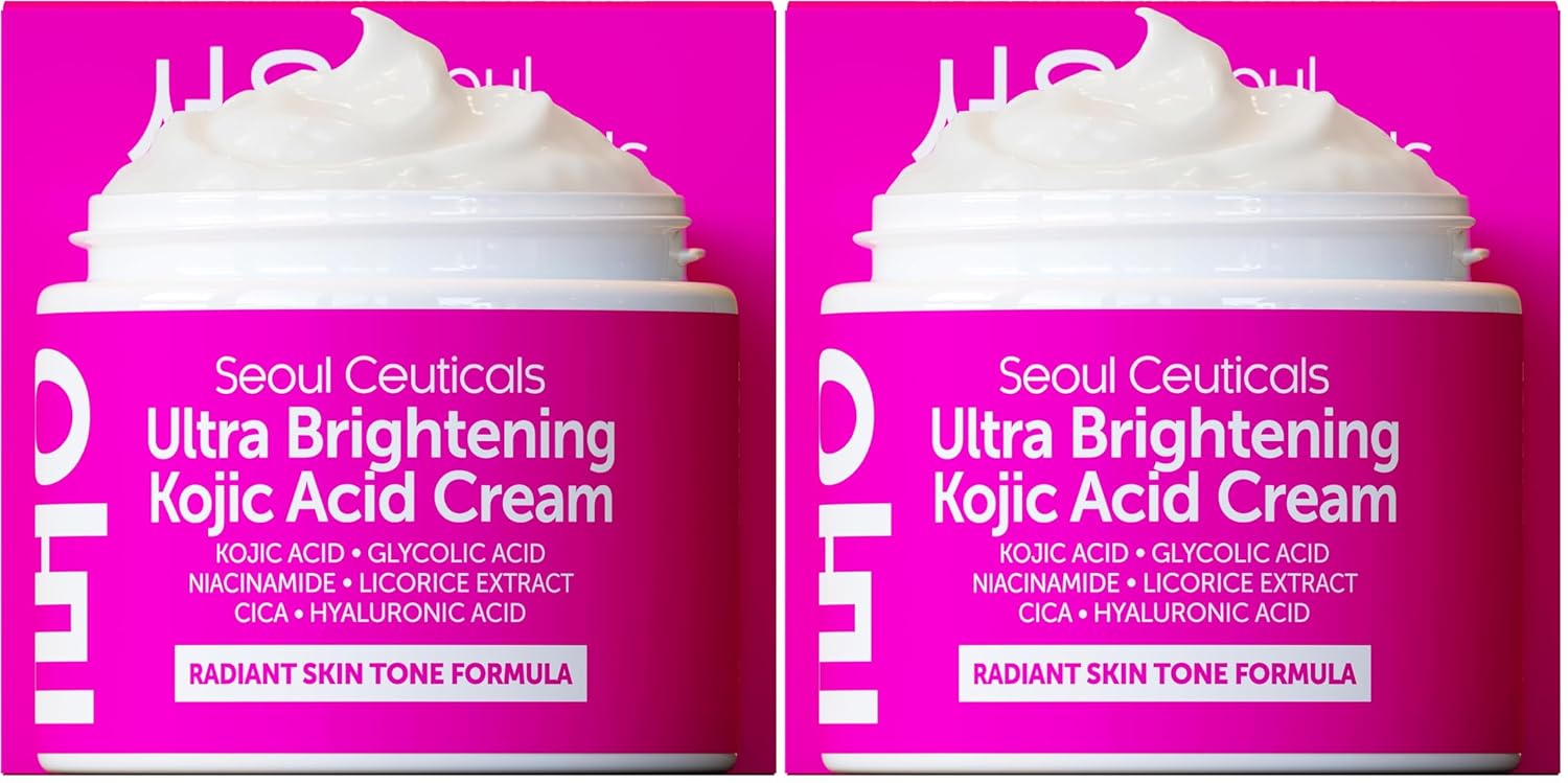 SeoulCeuticals Korean Kojic Acid Cream Dark Spot Remover + Glycolic Acid + Niacinamide + Cica + HA Moisturizer - Cruelty Free K Beauty Skincare 2oz (Pack of 2)