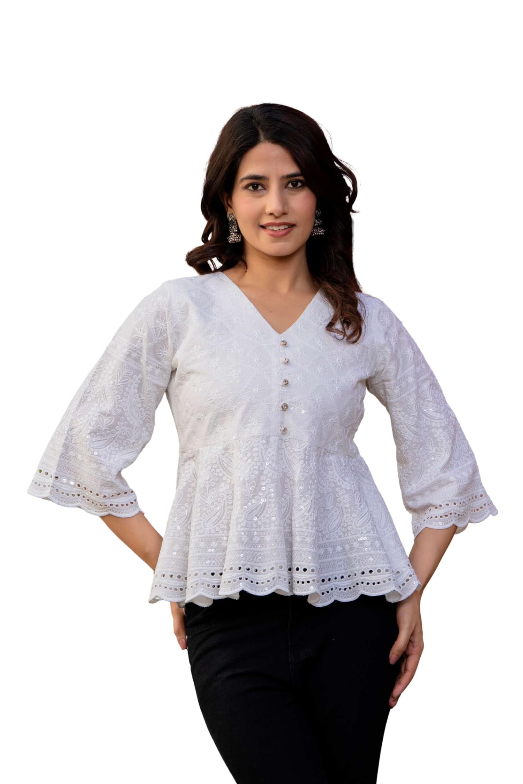 vaaki White Cotton Chikankari Embroidered Peplum Top for Women | V Neck 3/4 Bell Sleeve Festive Casual Wear-picture-34