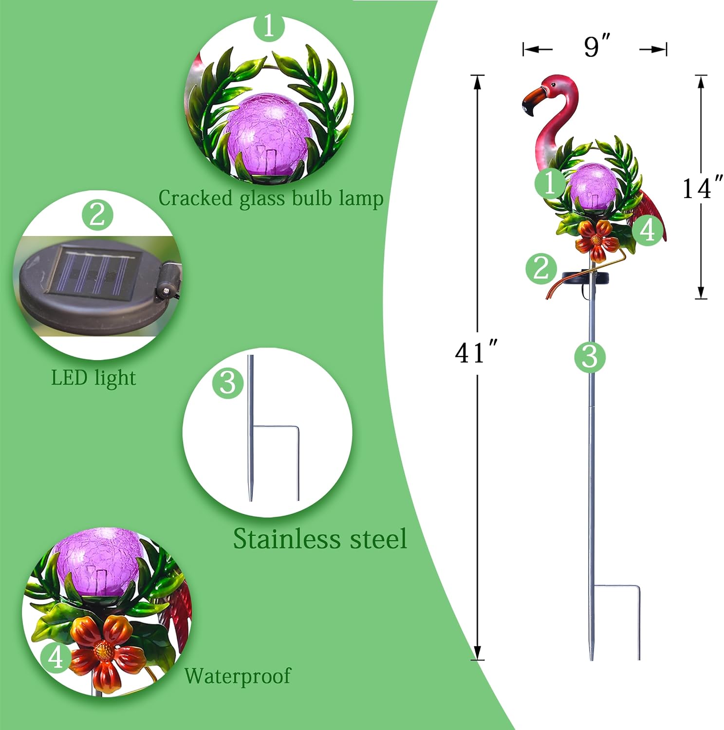 Solar Globe Lights for Garden Decoration,40.9 Inch Flamingo Front Porch Decor with Cracked Glass Puck Light for Outside Patio Pathway Yard Decoration