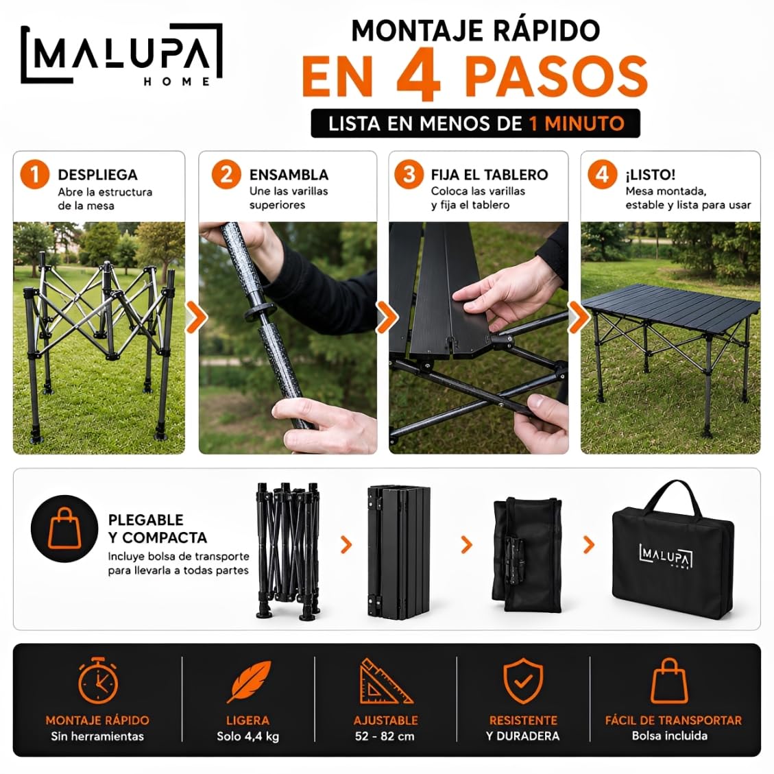 Mesa Plegable Camping, Mesa Auxiliar de 95x55 cm