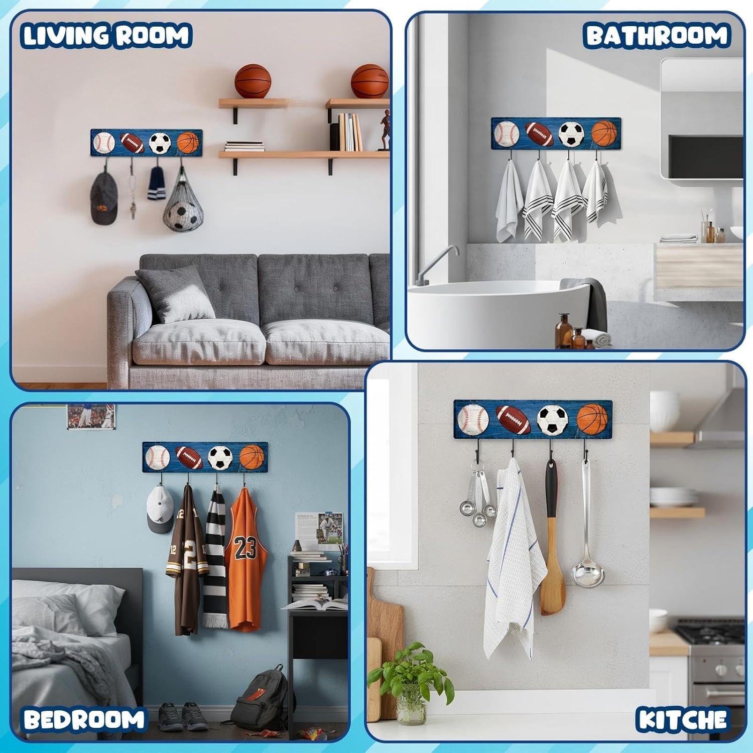 Wood Sports Coat Rack with 4 Hooks Vintage Basketball Baseball Football Soccer Wall Mounted Coat Hooks Decor Sports Theme for Home Entryway Playroom Hats Keys Towels