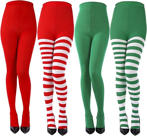 Sumind 4 pares de medias de Navidad a rayas para mujer, medias altas hasta el muslo, medias para Navidad, fiesta temática de cosplay (color A),