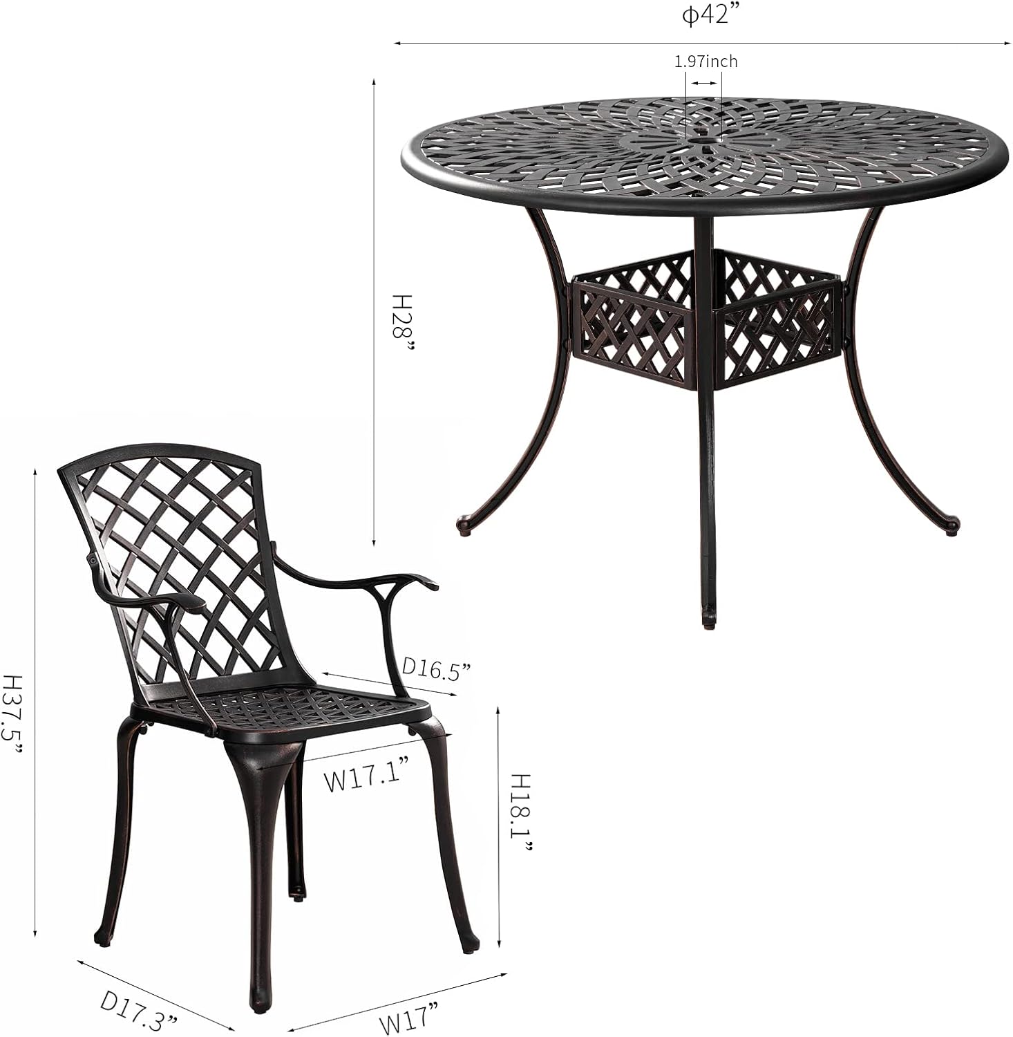 5 Piece Patio Dining Set Outdoor Birsto Set Cast Aluminum Patio Furniture with Umbrella Hole,Round Patio Table and Chair Set of 4 for Patio,Garden(Antique Bronze)