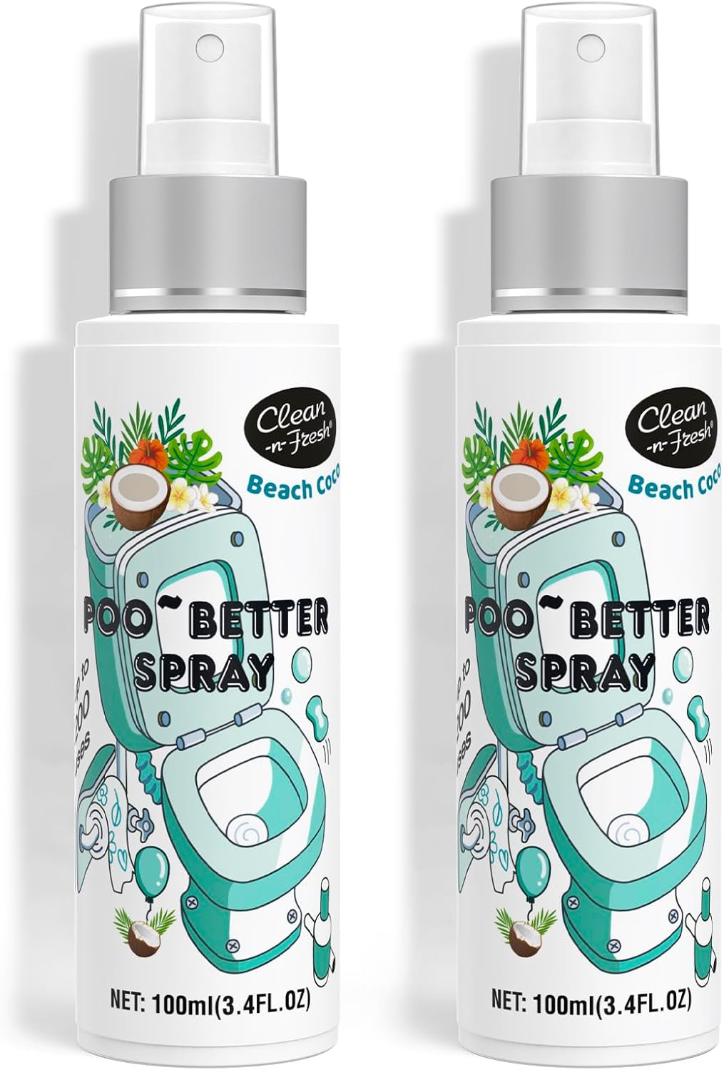 Clean-n-Fresh Toilet Spray 6.8 Fl.Oz, Poop Spray Beach Coco, Bathroom Air Fresheners Spray, Long Lasting Odor Eliminator - Coconut, Vanilla & Lily of the Valley