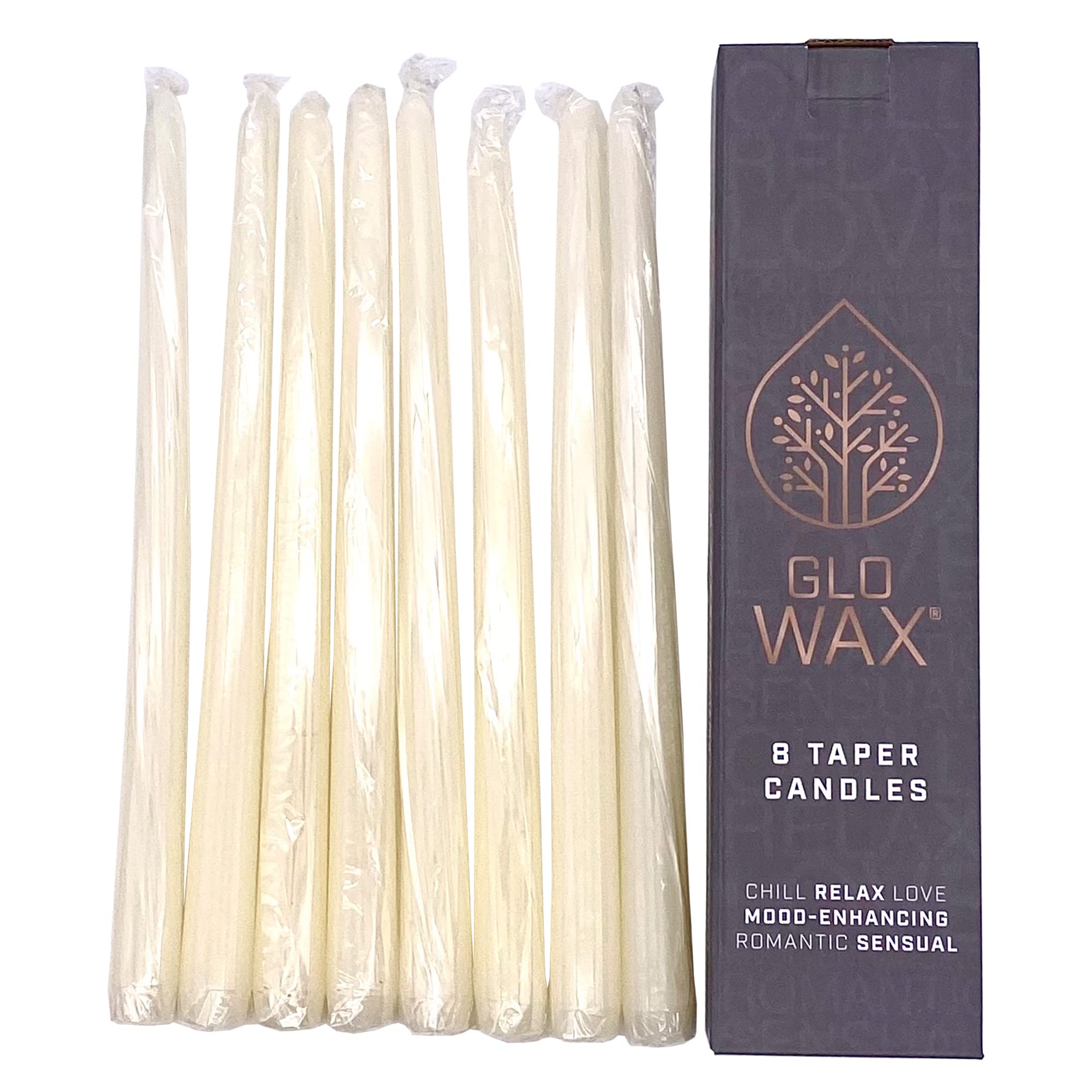 Tapered Dinner Candles Pack of 8 Ivory Dripless Unscented 8 Hour Long Burning Time 2.2 x 30cm Classic Decorative Wedding Romantic Tall Candles