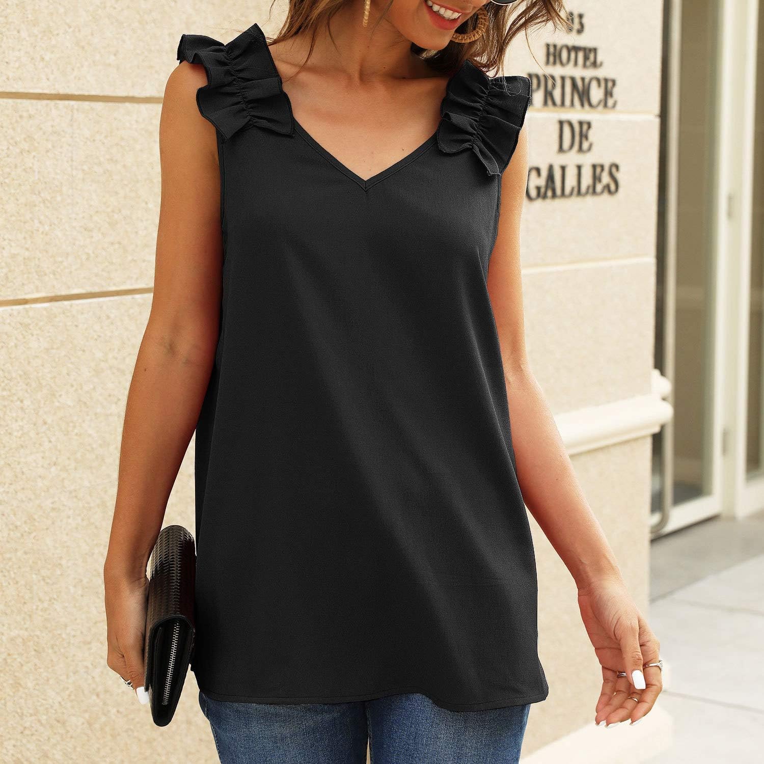 Lu's Chic Women's Flowy Tank Tops Ruffle Blouse V Neck Sleevelss Loose Fitting Cami Shirts Black Medium