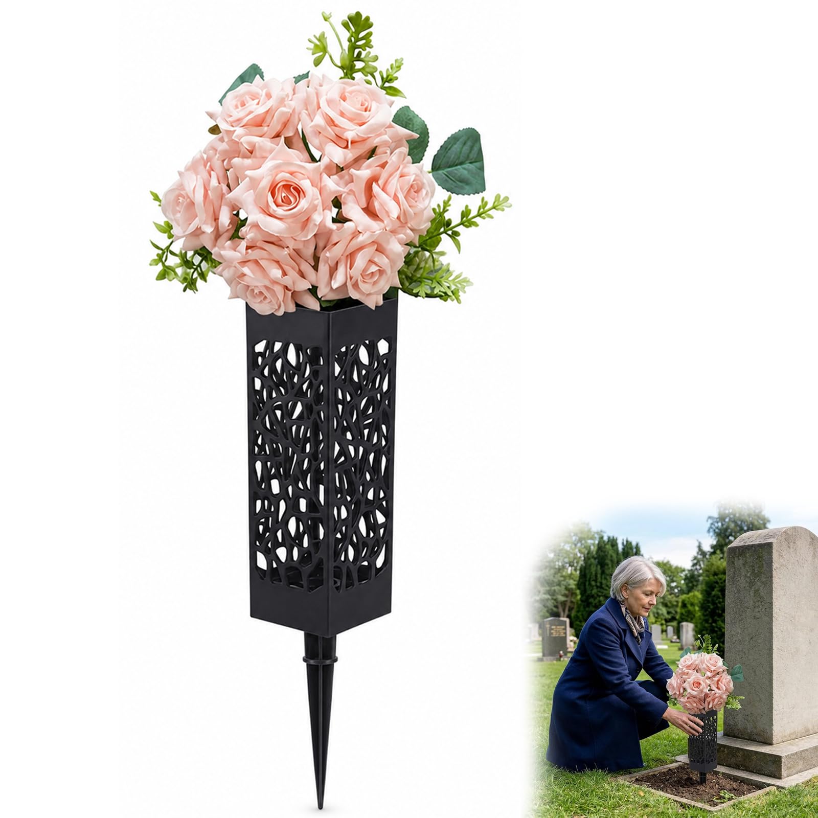 MXHBSTP 2 pcs Artificial Flowers for Graves, Memorial Vases for Graves with Grave Flower Holders, Set with Light Pink Seven-Head Hand-Tied Roses and Cemetery Vase Ground Spikes, Grave Ornaments