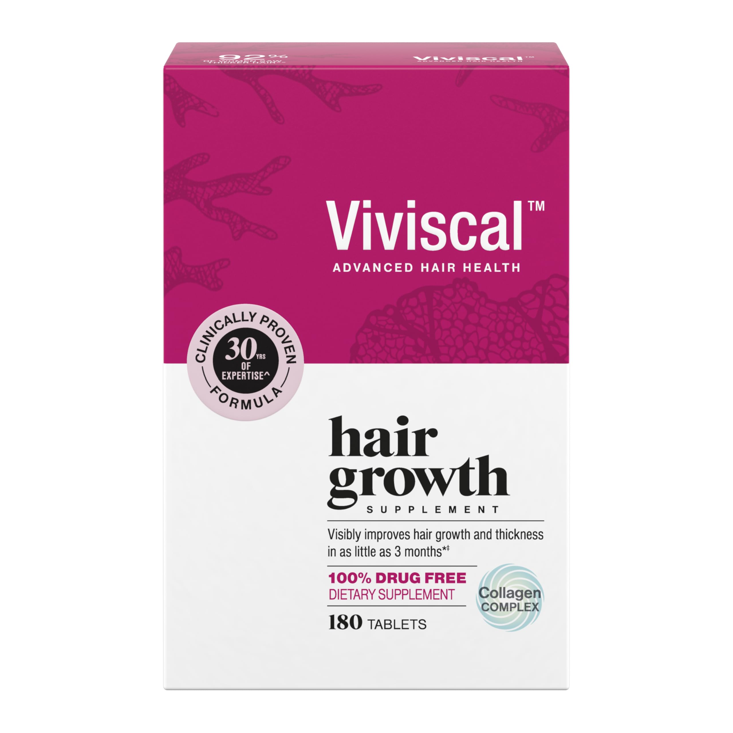 Viviscal Hair Growth Supplements for Women, Thicker Fuller Hair Support for Thinning Hair and Hair Loss, with Biotin and Marine Collagen, Drug-Free, 180 Tablets, 90-Day Supply