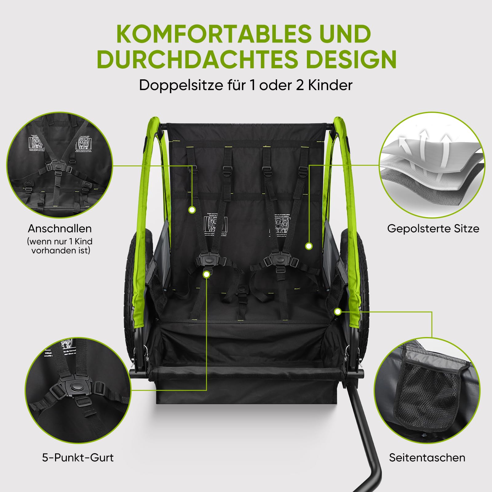 SEPNINE Kinderanhänger für Fahrrad, Fahrradanhänger für 1-2 Kinder, mit 5-Punkt-Sicherheitsgurt, Luftreifen, Handbremse, Faltbar, Max. 40 kg (Grün)