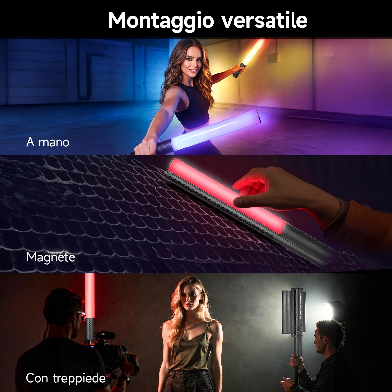 Spada Led Fotografia, Rollei Lumis Glow 20 W RGB Tubo Fotografico per Video 360° 1800~9000K e 20 Effetti, Lampada Foto per Lightpainting Portatile, Spada-Led-Fotografia-Tubo-Video