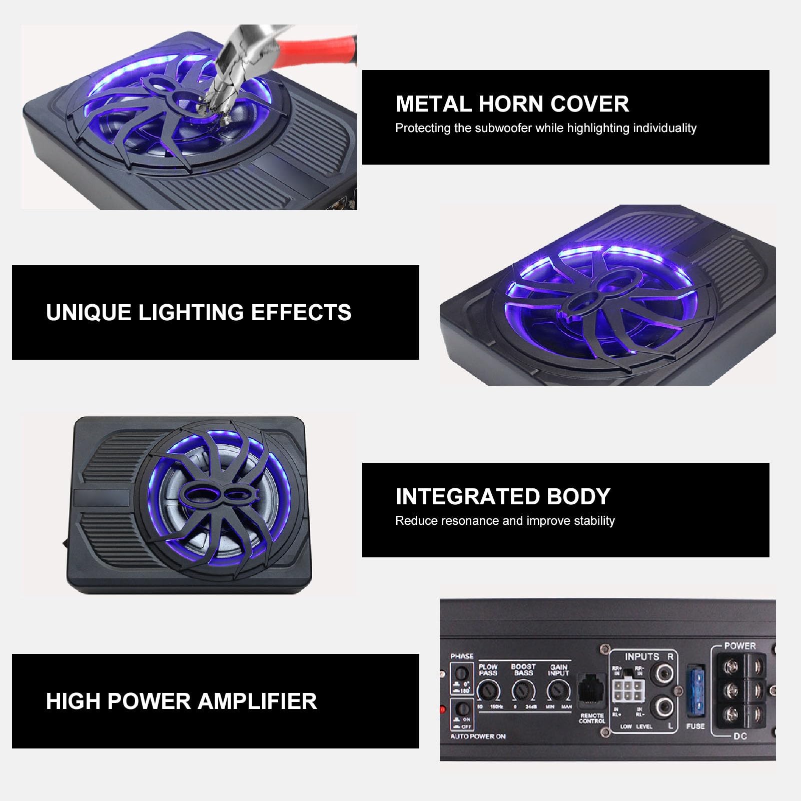 Naroote 10-calowy, Smukły, Aktywny Subwoofer Samochodowy Pod Siedzeniem, 800 W z Nastrojowym Oświetleniem LED dla Entuzjastów Subwooferów W Ciężarówkach (Kolorowe oświetlenie otoczenia z kontrolą)