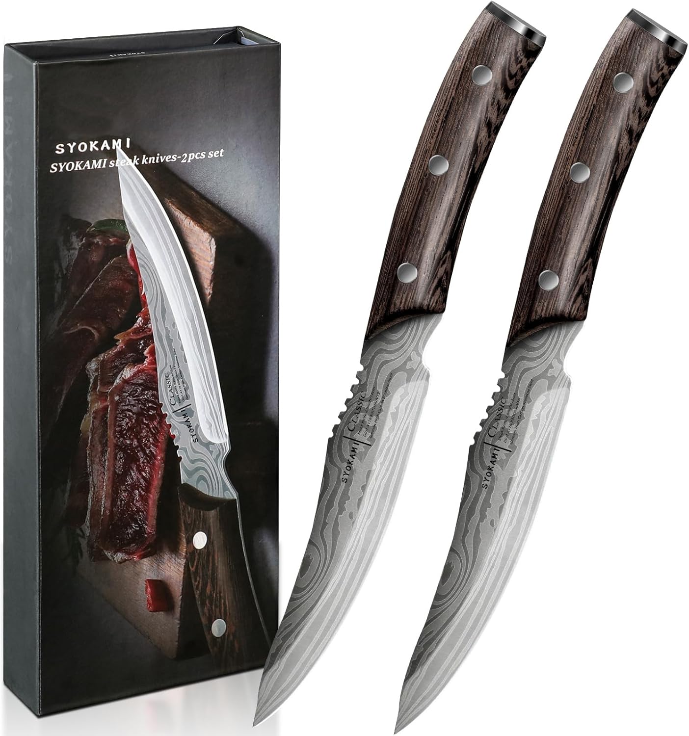 SYOKAMI Steak Knife Set, 2 Pieces, 12.2 cm Serrated Steak Knife Made of Japanese Stainless Steel with High Carbon Content and Wooden Handle, Damask Pattern, Full Tang Design, Razor Sharp Board