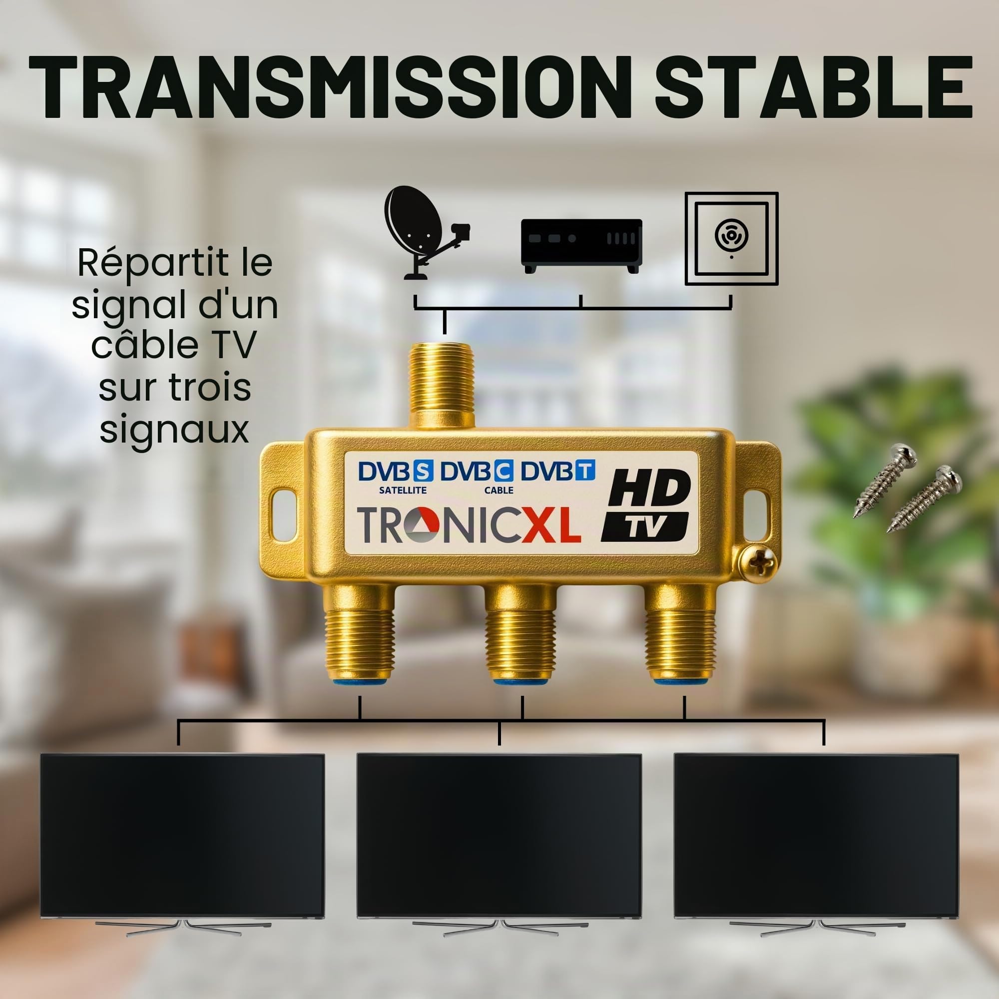 TronicXL 24K Distributeur Large Bande Câble répartiteur 3 Voies TV Souple pour TNT télévision par Sat UHF VHF câbles Splitter Unicable HD 3D 4K numérique DVB-S2 BK Radio F Satellite Séparateur