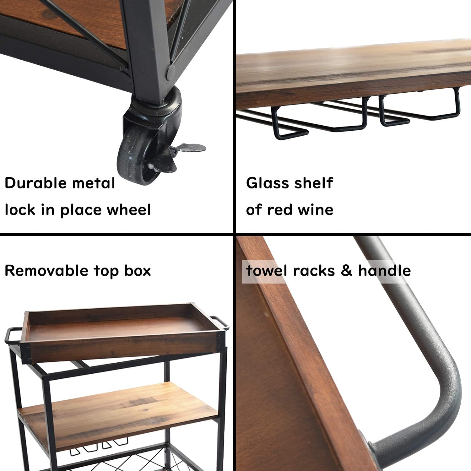 Solid Wood Kitchen Serving Carts Rolling Bar Cart with 3 Tier Storage Shelves Kitchen Island Cart with Wine Glass Holder,Handle Racks,Lockable Caster Liquor Cart Removable Top Box Container - Bar & Serving Carts