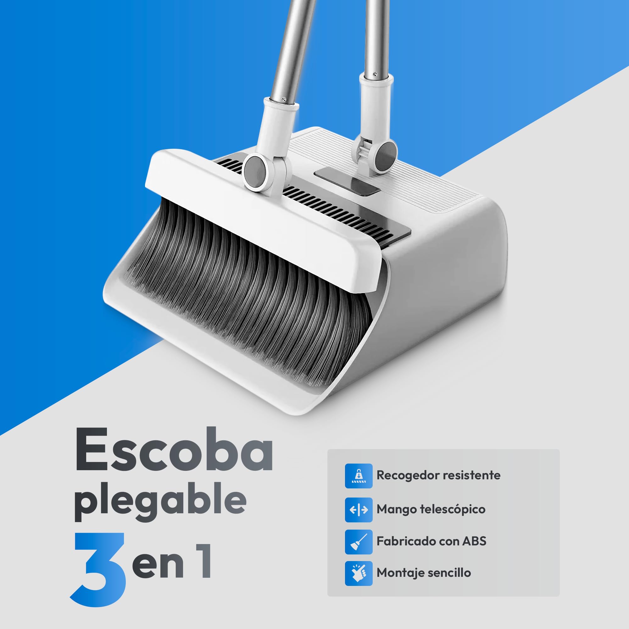 JUPPLIES Escoba y Recogedor Plegable 3 en 1 con Cepillo Extraíble y Limpiacristales Oculto - Mango Telescópico de 126 cm y Rotación de 180º - Limpieza del Hogar Oficina