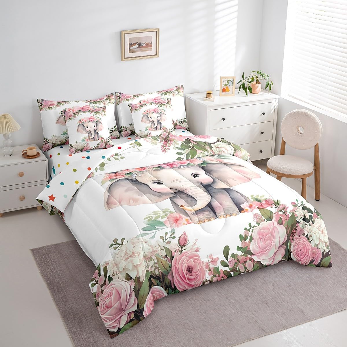 Kids Cute Elephant Bed in a Bag 7pcs Pink Cherry Blossoms Bedding Set, Blue Animal Full Size Comforter Set Rose Floral Bedding Comforter Sets, Botanical Bed Set Flower Blossoms Decor for Girls Boys
