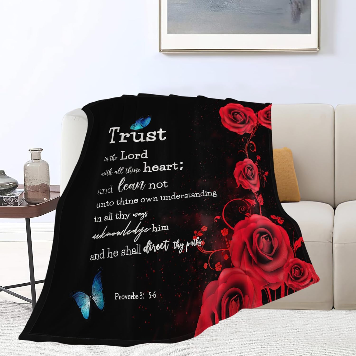 Christian Bible Verse Blanket Red Rose Inspirational Scripture Throw Blanket Religious Spiritual Gifts for Girls Boys Kids Adults Women Men Soft Cozy Plush Fuzzy Fleece Blanket Decor 60''X80''