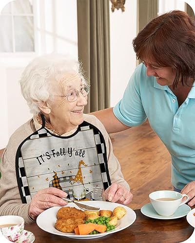 Miniatura 4 de Funny Adult Bibs for Eating, It's Fall Y'all Pumpkin Gnomes Truck on Rustic Plaid Wood Grain Waterproof Clothing Protector Washable Adult Bib with