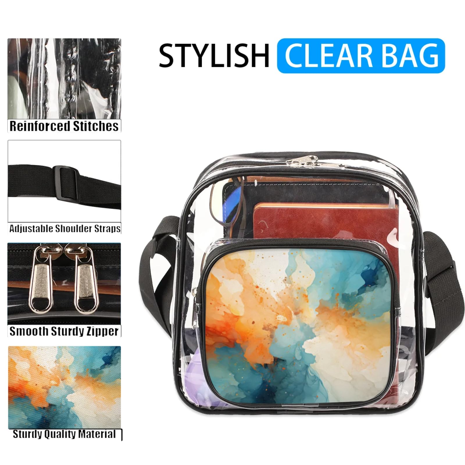 Clear Crossbody Bag Stadium Approved Gouache Painting Transparent Bag for Festivals, Sports Events, Concerts,Beach Bag for Women Men Natural Luxury Clear Purse with Front Pocket Messenger Bag