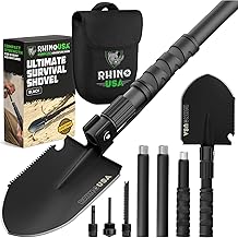 Rhino USA Survival Shovel w/Pick - Heavy Duty Carbon Steel Military Style Entrenching Tool for Off Road, Camping, Gardening, Beach, Digging Dirt, Sand, Mud & Snow. (Survival Shovel)