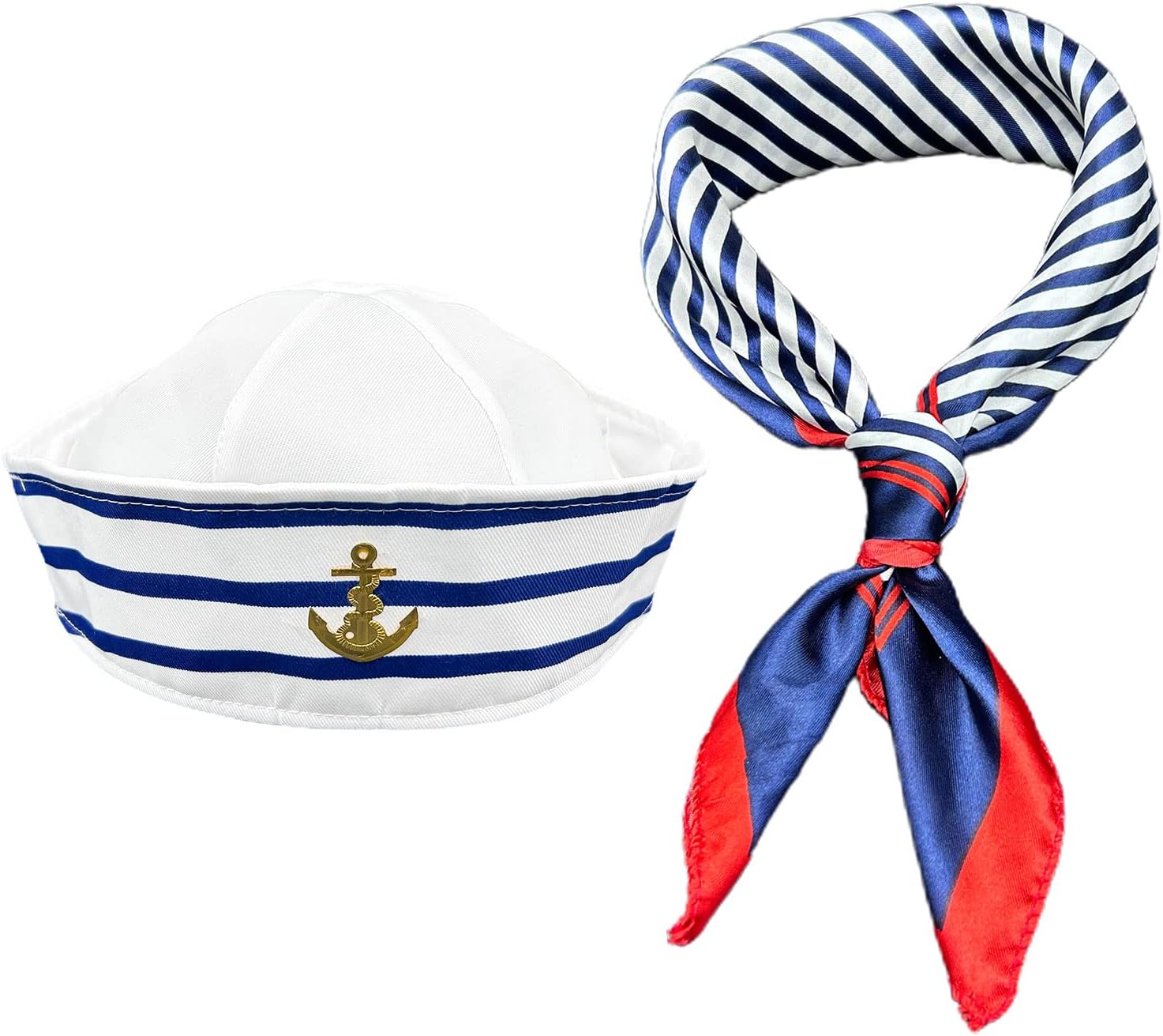 Stripes Sailor Hat and Scarf Set，Blue and White Striped Sailor Captains Hat＆Red Edge Blue Bar Square Scarf，Navy Outfit Dressing Up Party for Women Men Costume Accessory