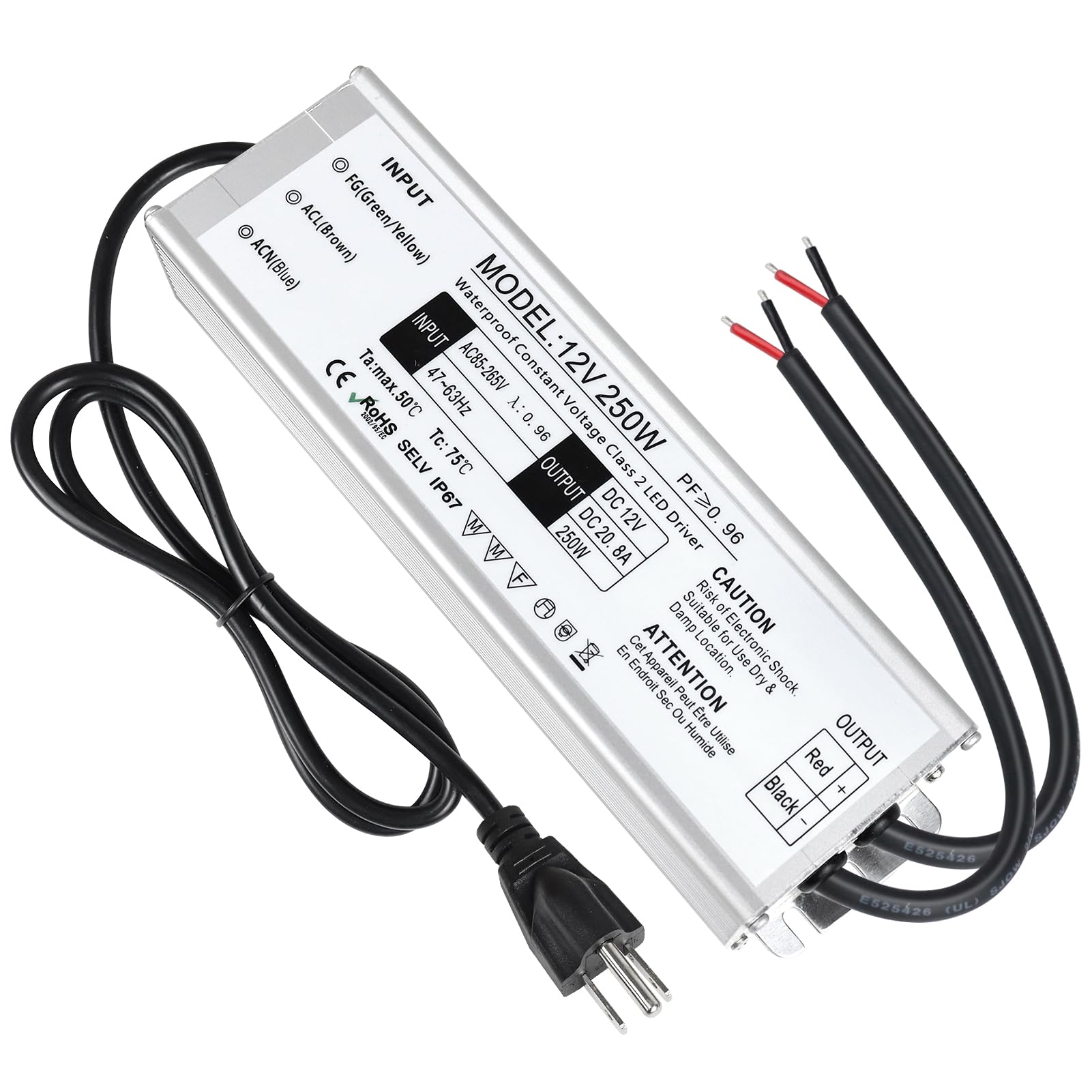 LightingWill Driver LED 250 Watt impermeabile IP67 trasformatore di alimentazione 90-265 V AC a 12 V DC uscita a bassa tensione, adattatore spina 3 pin per esterni computer progetto