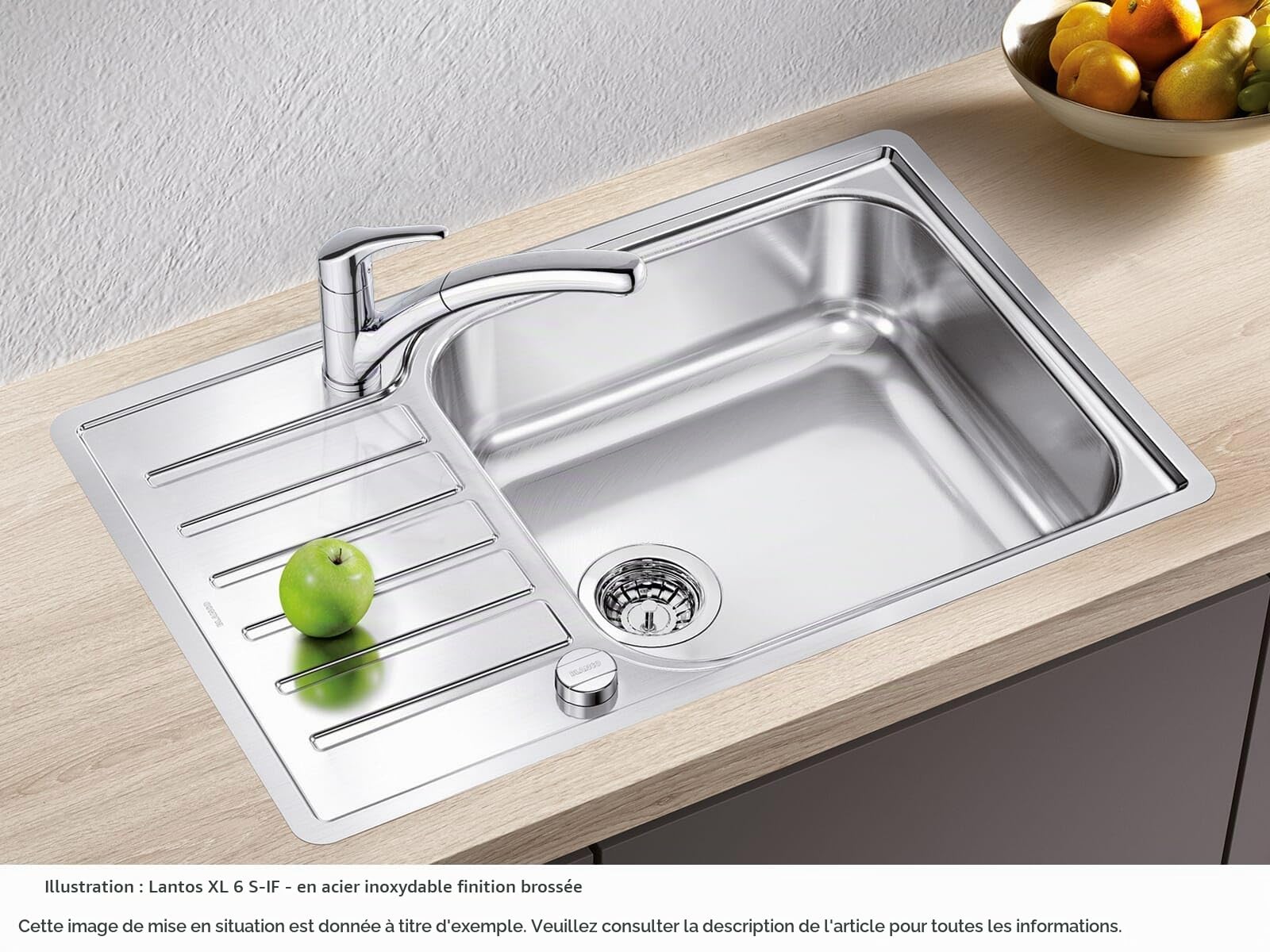 BLANCO LANTOS XL 6 S-IF Compact – Évier de Cuisine en Inox pour Meubles Bas de 60 cm de Large – Avec Fond Plat IF et Commande de Vidage Automatique – 523140