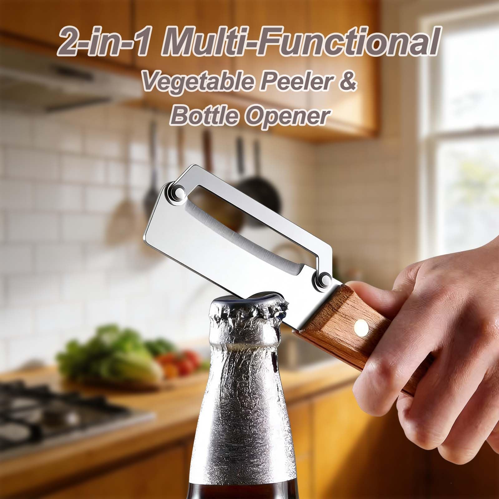 2PCS Premium Vegetable Peeler with Wooden Handle and Bottle Opener, Multi-Functional Vegetable Peeler, Stainless Steel Blade Kitchen Tool for Fruit — view 4