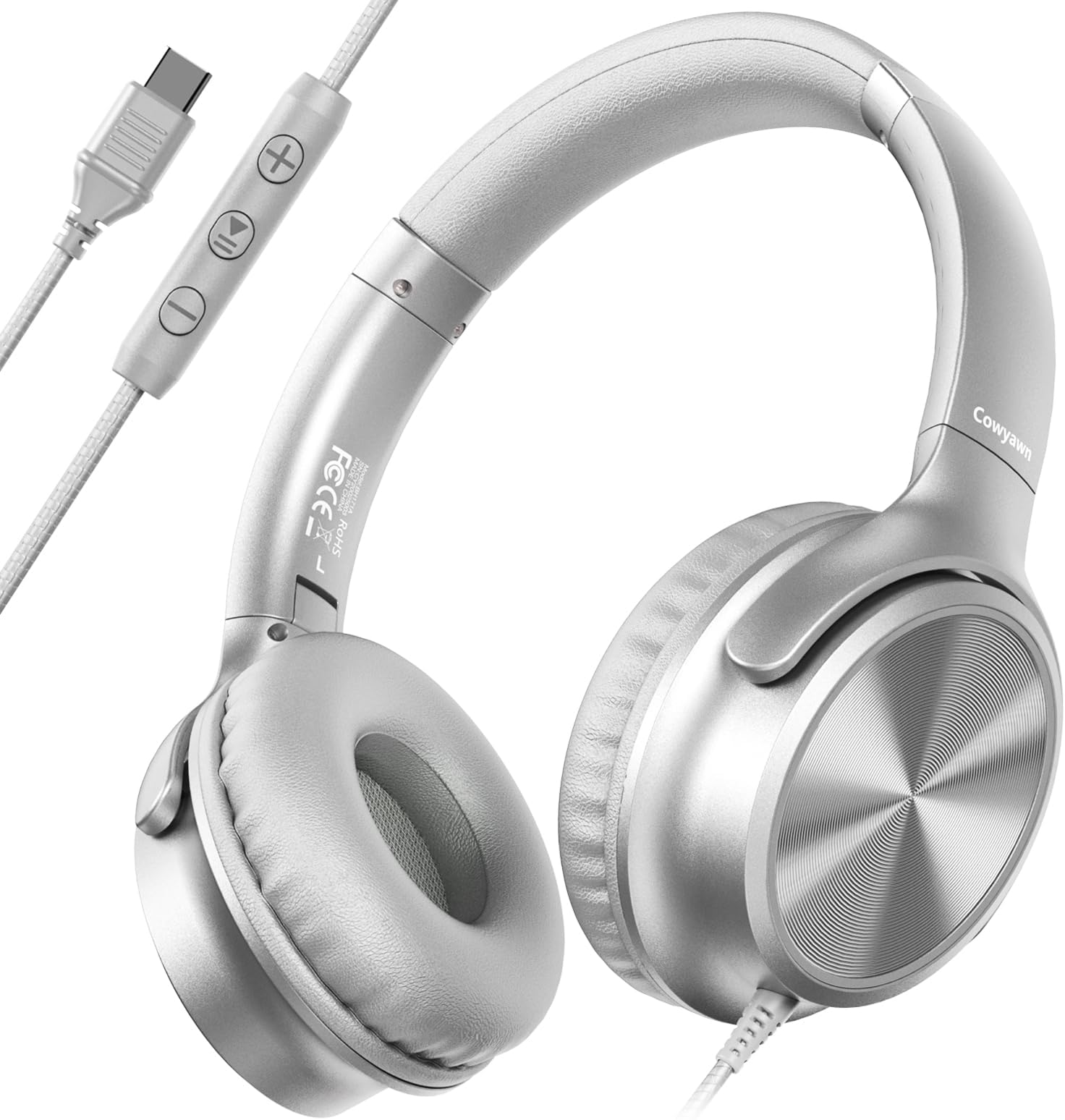 Cowyawn USB C Headphones Wired, Over Ear USB C Wired Headphones with Microphone, Volume Control, HD Stereo Sound, Foldable USB Type C Headphone for Adult/Teens/Laptop/Computer/iPhone 15/16/17, Sliver