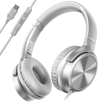 Cowyawn USB C Headphones Wired Over Ear USB C Wired Headphones with Mic Volume Control HD Stereo Sound Foldable USB Type C Headphones for Adults/Teens/Chromebook/Laptop/Computer/iPhoneSilver