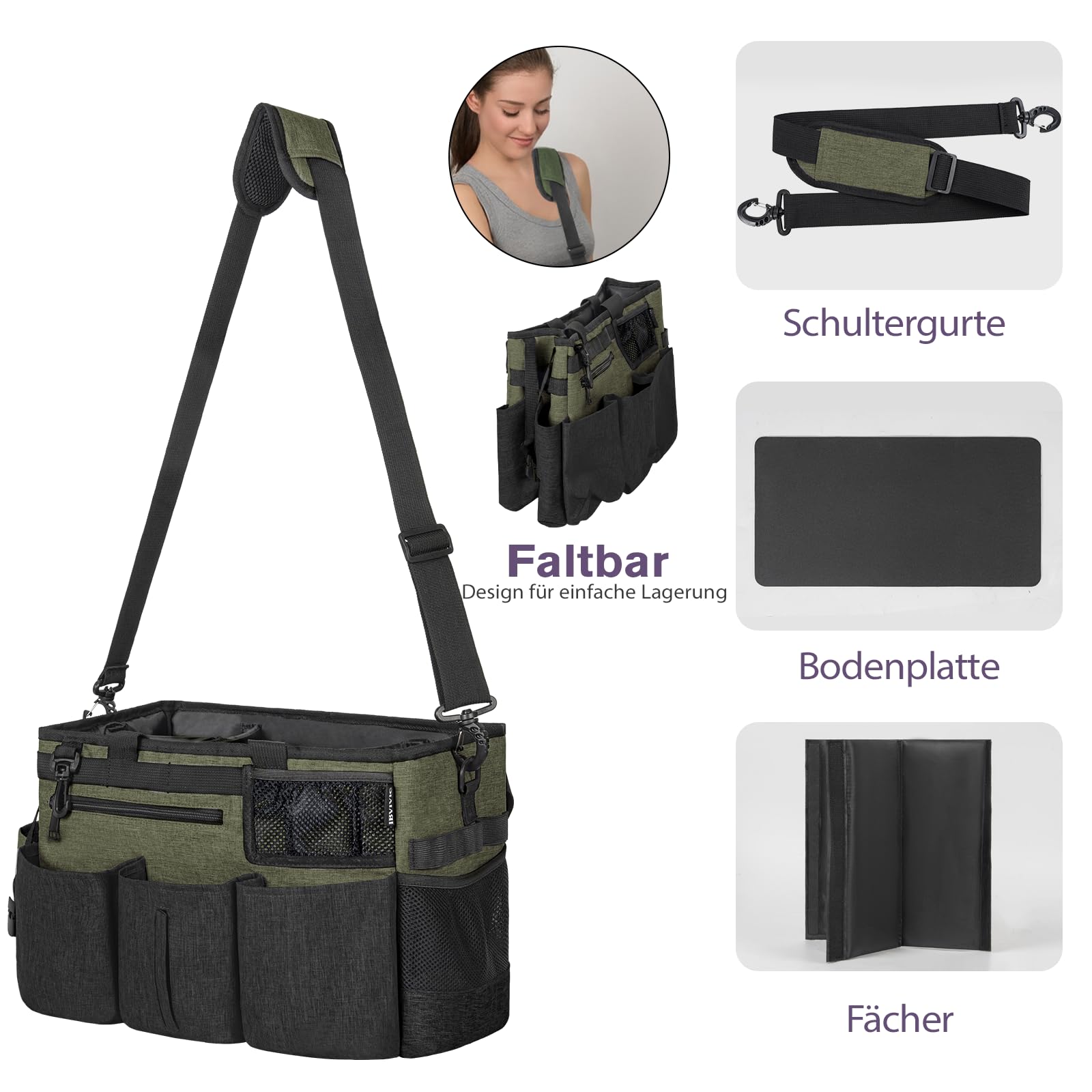 OUUTMEE Reinigungstasche 38 x 22 x 26 cm,Mit herausnehmbarem Fach Tote Reinigungstasche，Tragbarer Organizer für Reinigungsmittel Mit verstellbarem Schultergurt，Grün Groß