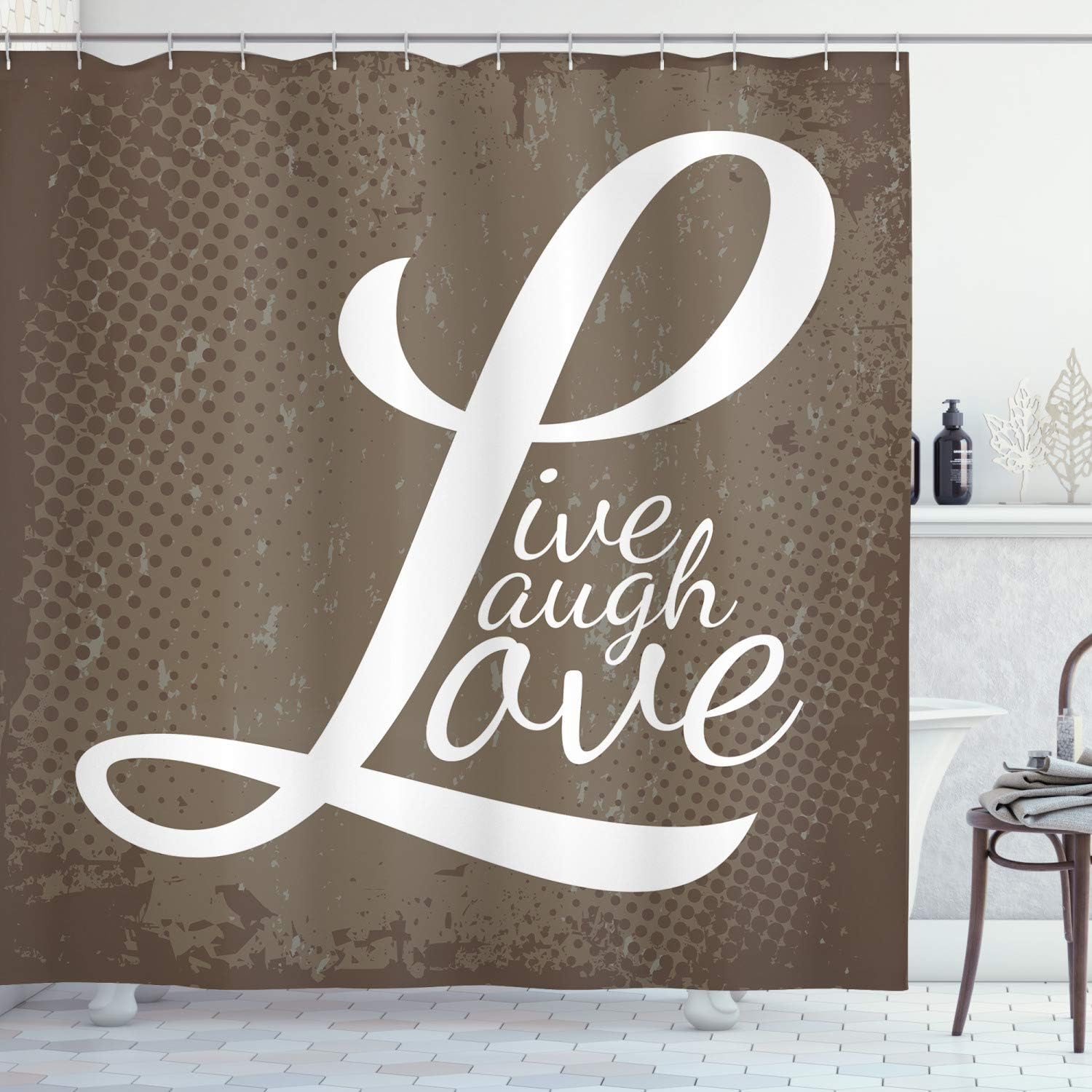 Ambesonne Live Laugh Love Shower Curtain, Words Live Laugh Love on Halftone Worn Out Style Background, Cloth Fabric Bathroom Decor Set with Hooks, 69" W x 70" L, Brown White Pale Brown