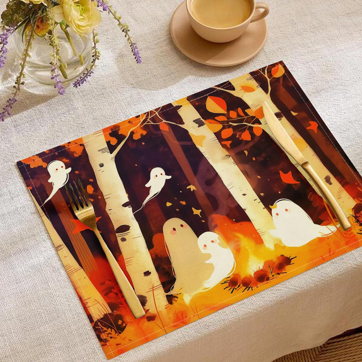 Set de table résistant à la chaleur en lin de coton épais motif grands bouleaux