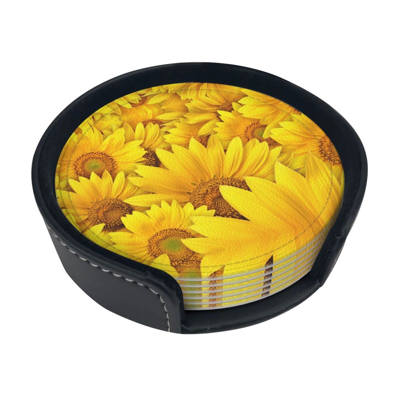 Coasters Set Of 6 Sunflowers Print Leather Coasters For Drinks,Home Décor And Housewarming Gift
