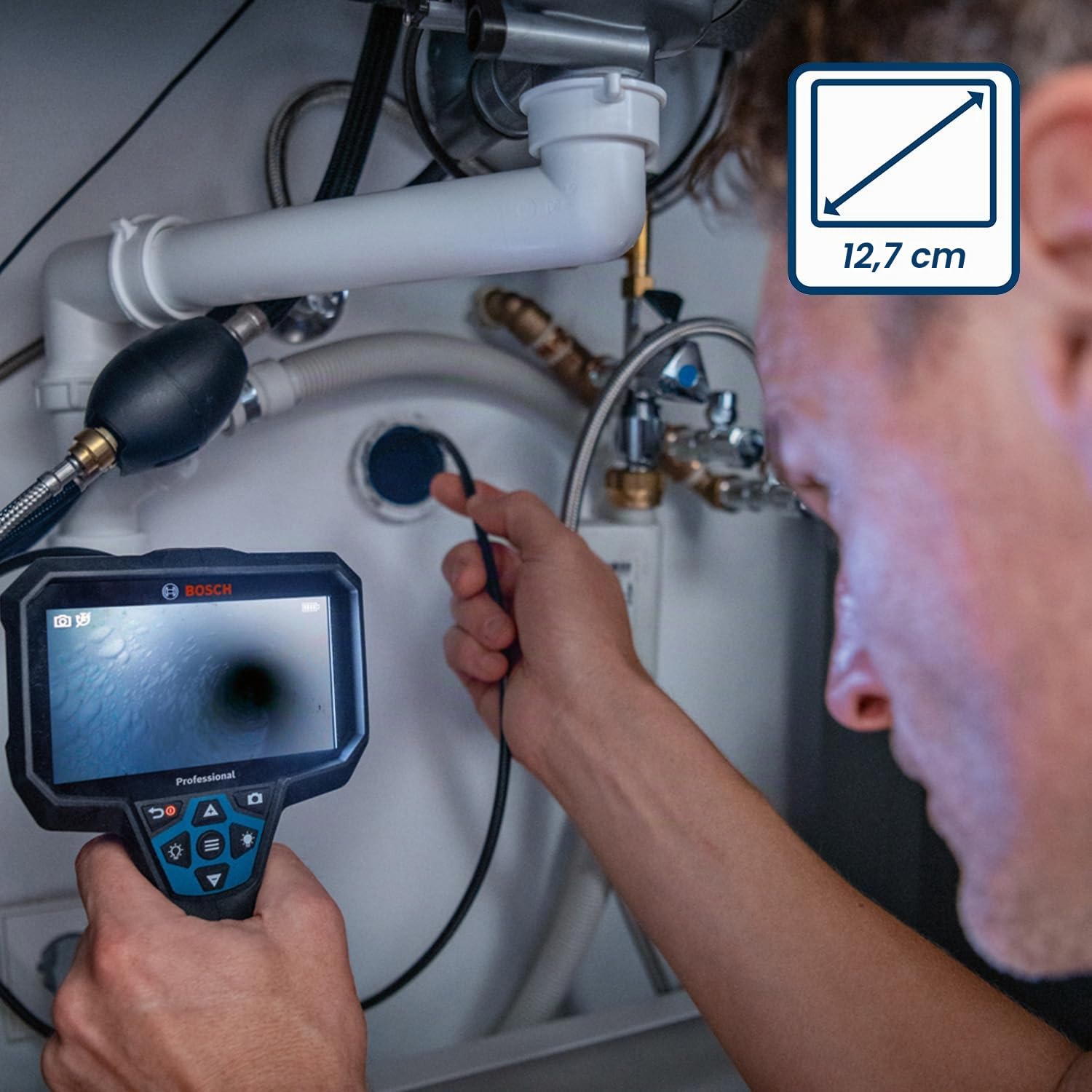 Bosch Professional Cámara de inspección GIC 12V-5-27 C (longitud del cable: 150 cm, función de orientación AutoUp, pantalla de alta resolución: pantalla de 5" 1280x720 px, en caja de cartón)
