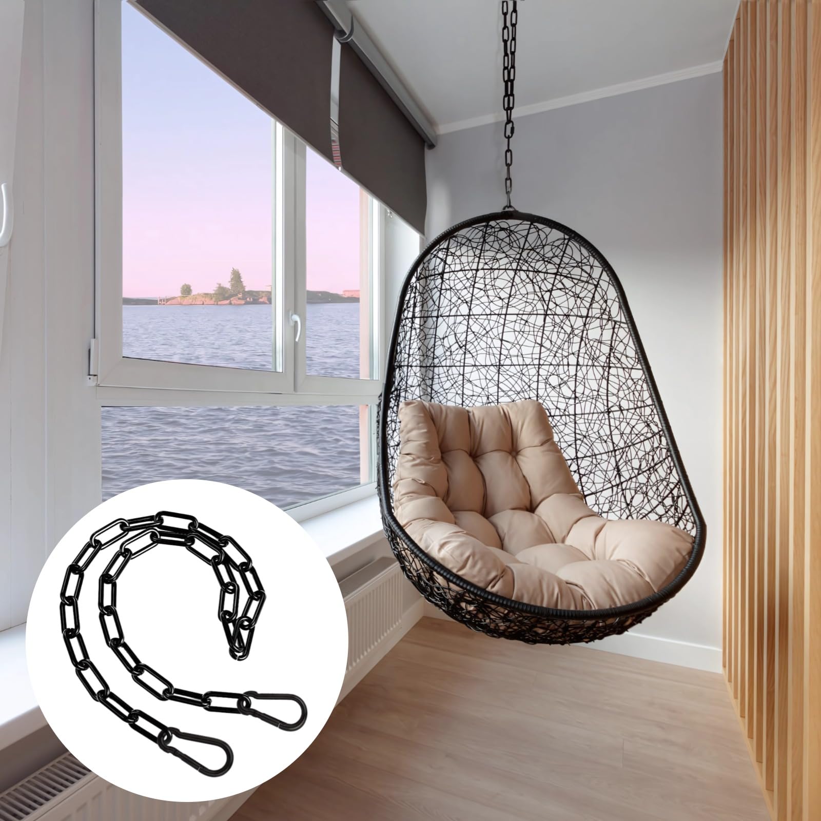 2 STK. Edelstahl-Aufhängungsketten für Yoga-Hängematte, 100 cm, schwarz, 3 mm Metallkette, Haken 5 x 2,5 cm, Set für Schaukel und Hängesessel, für innen und außen