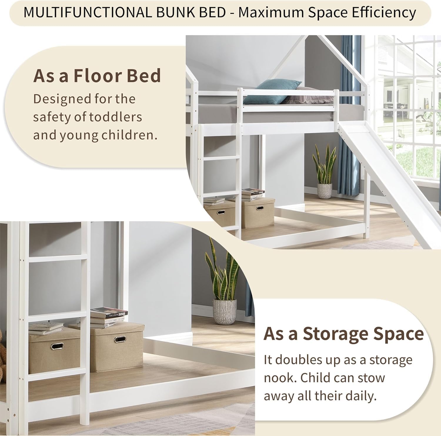 Winterstorm Full Over Full Floor House Bed House Bunk Bed with Built-in Ladder & Slid House Bed，Wood Floor Bed Frame for Toddlers,Kids,Boys,Girls No Box Spring Needed,77.6" L x 56.3" W x 76.8" H